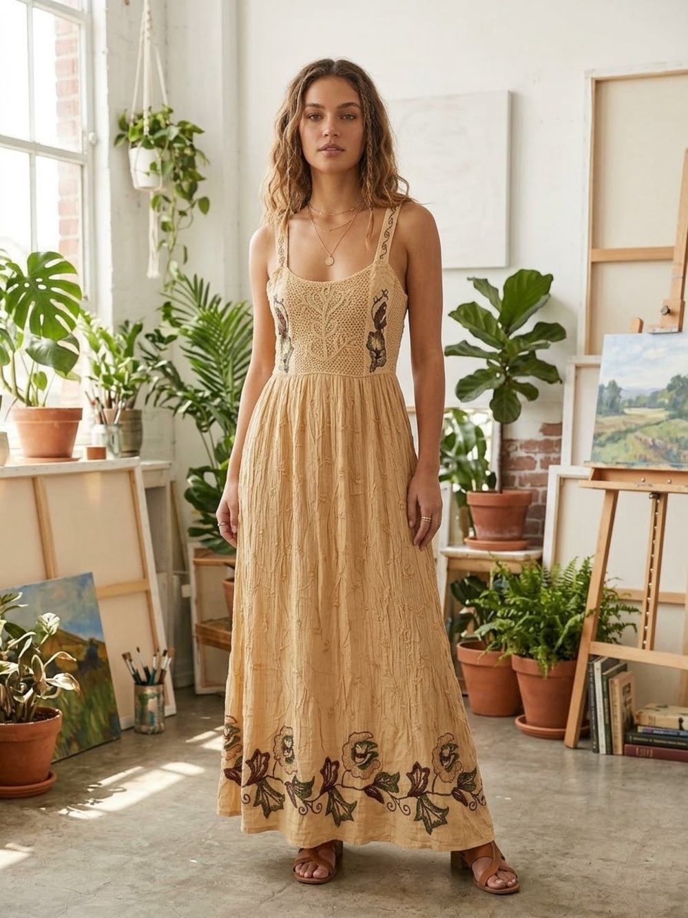Sacred Threads Floral Embroidered Boho Peasant Festival Crinkle Dress OS